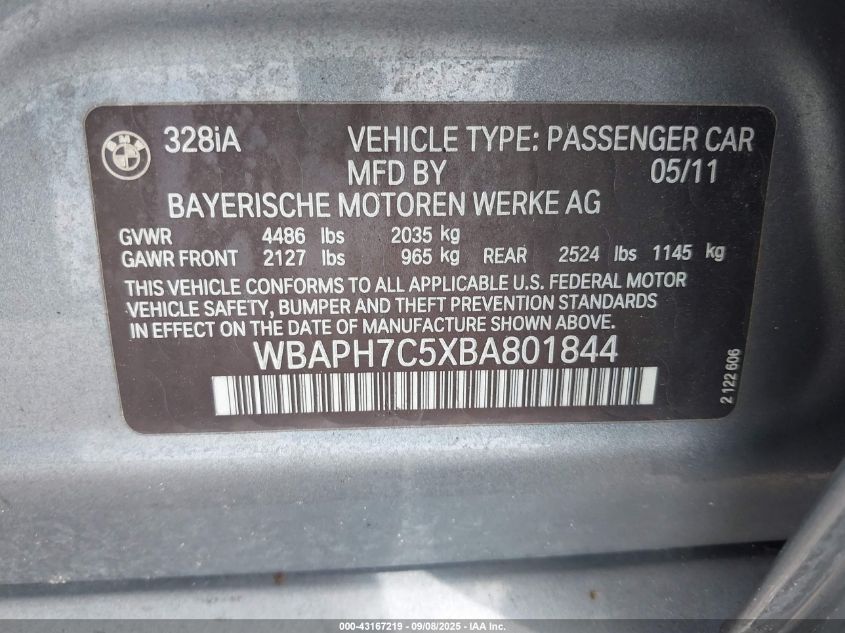 2011 BMW 328I VIN: WBAPH7C5XBA801844 Lot: 43167219