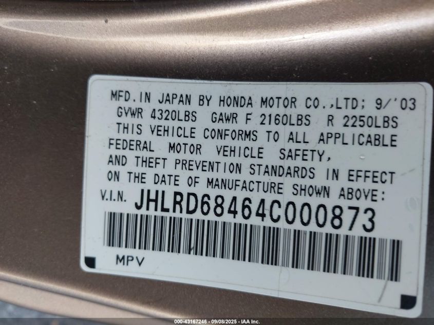 2004 Honda Cr-V Lx VIN: JHLRD68464C000873 Lot: 43167246