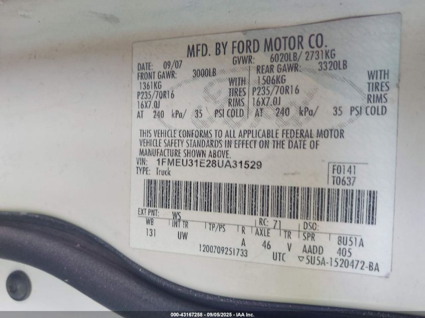 2008 Ford Explorer Sport Trac Xlt VIN: 1FMEU31E28UA31529 Lot: 43167258