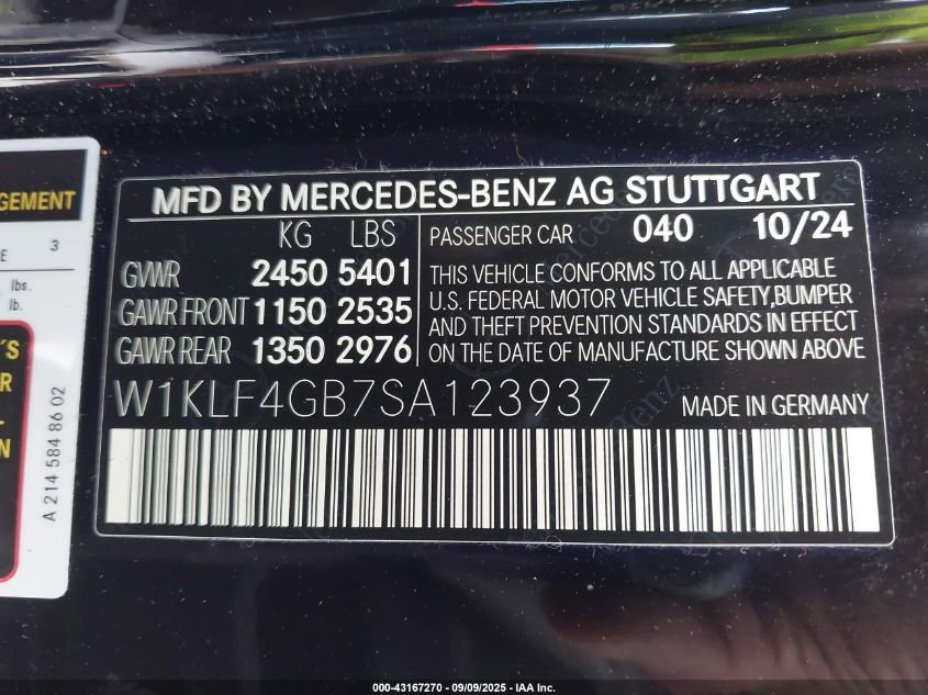 2025 Mercedes-Benz E 350 VIN: W1KLF4GB7SA123937 Lot: 43167270
