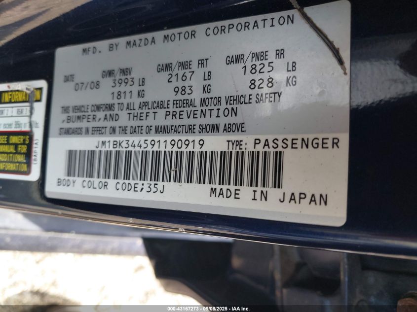 2009 Mazda Mazda3 S Touring VIN: JM1BK344591190919 Lot: 43167273
