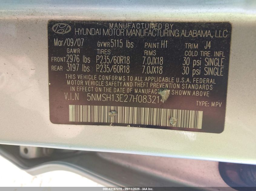 2007 Hyundai Santa Fe Limited/Se VIN: 5NMSH13E27H083214 Lot: 43167276