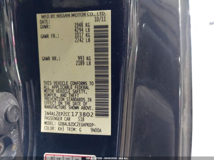 2012 Nissan Altima 2.5 S VIN: 1N4AL2EP2CC173802 Lot: 43167290