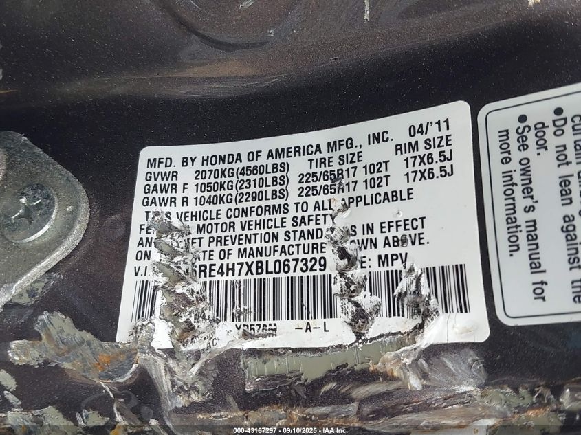 2011 Honda Cr-V Ex-L VIN: 5J6RE4H7XBL067329 Lot: 43167297