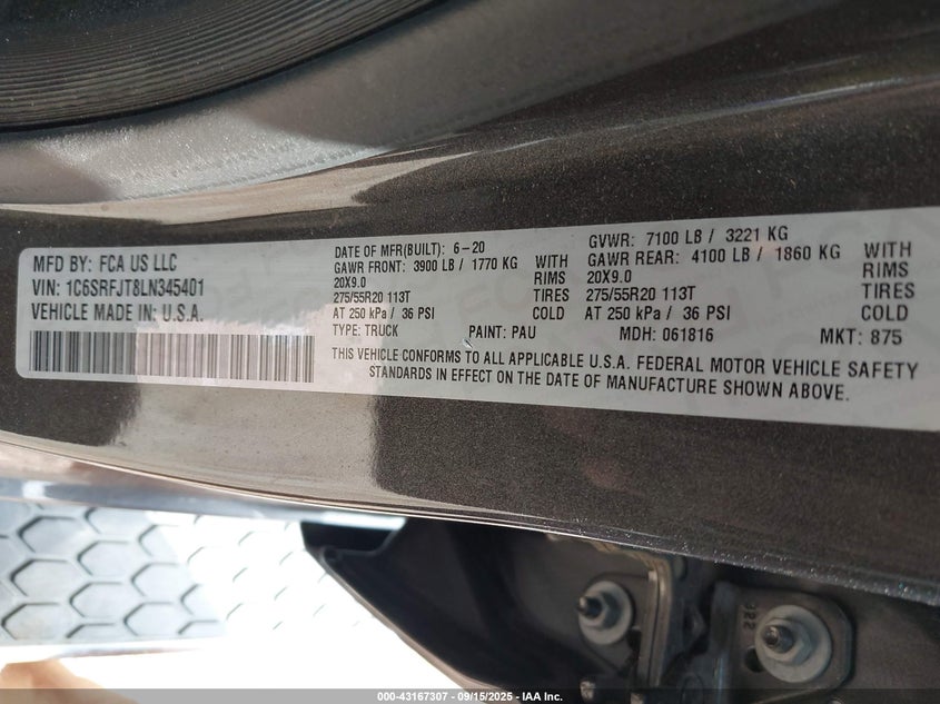 2020 Ram 1500 Laramie 4X4 5'7 Box VIN: 1C6SRFJT8LN345401 Lot: 43167307