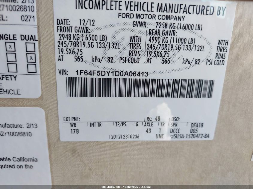 2013 Ford F53 VIN: 1F64F5DY1D0A06413 Lot: 43167330