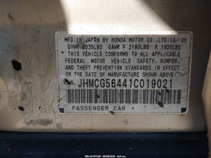 2001 Honda Accord 2.3 Lx VIN: JHMCG56441C019021 Lot: 43167336