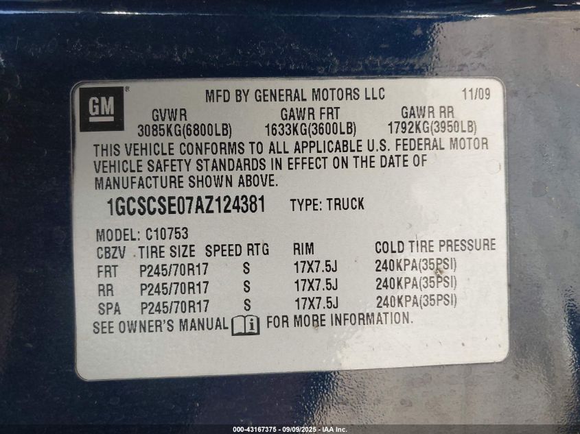 2010 Chevrolet Silverado 1500 Lt VIN: 1GCSCSE07AZ124381 Lot: 43167375