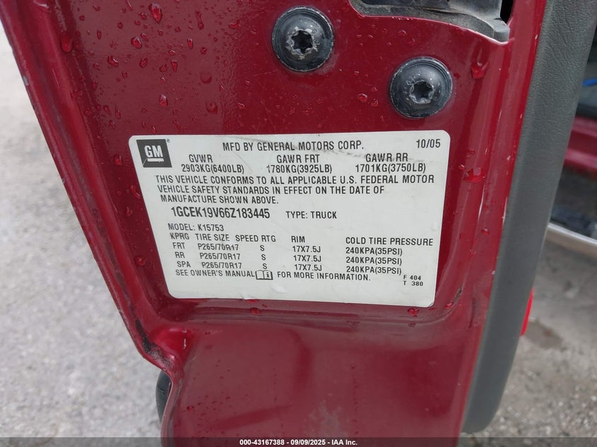 2006 Chevrolet Silverado 1500 Lt1 VIN: 1GCEK19V66Z183445 Lot: 43167388