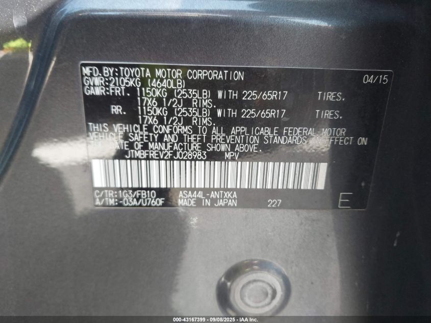 2015 Toyota Rav4 Le VIN: JTMBFREV2FJ028983 Lot: 43167399