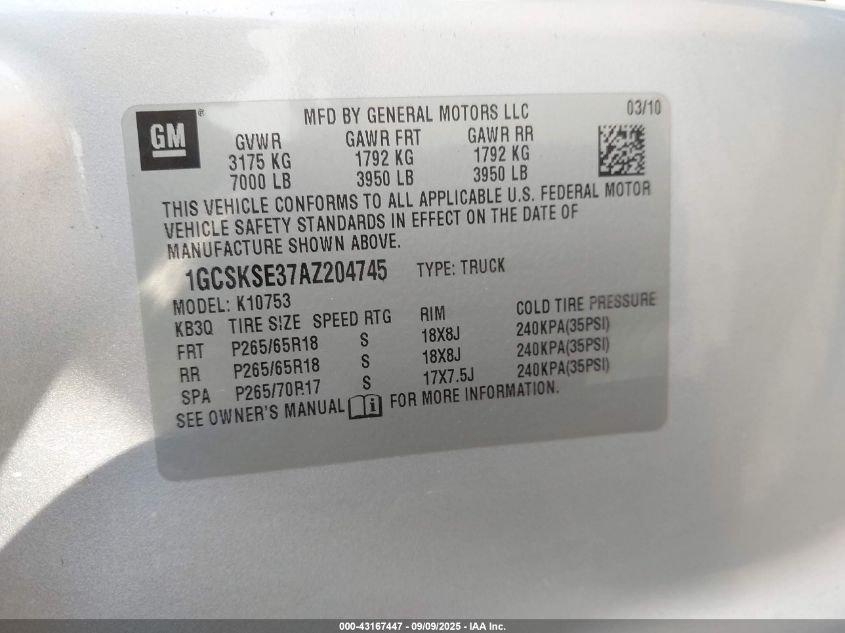 2010 Chevrolet Silverado 1500 Lt VIN: 1GCSKSE37AZ204745 Lot: 43167447