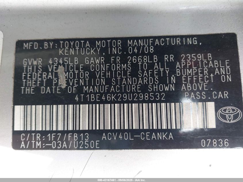 2009 Toyota Camry Le VIN: 4T1BE46K29U298532 Lot: 43167461