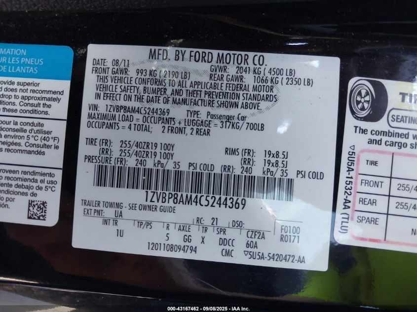 2012 Ford Mustang V6 VIN: 1ZVBP8AM4C5244369 Lot: 43167462