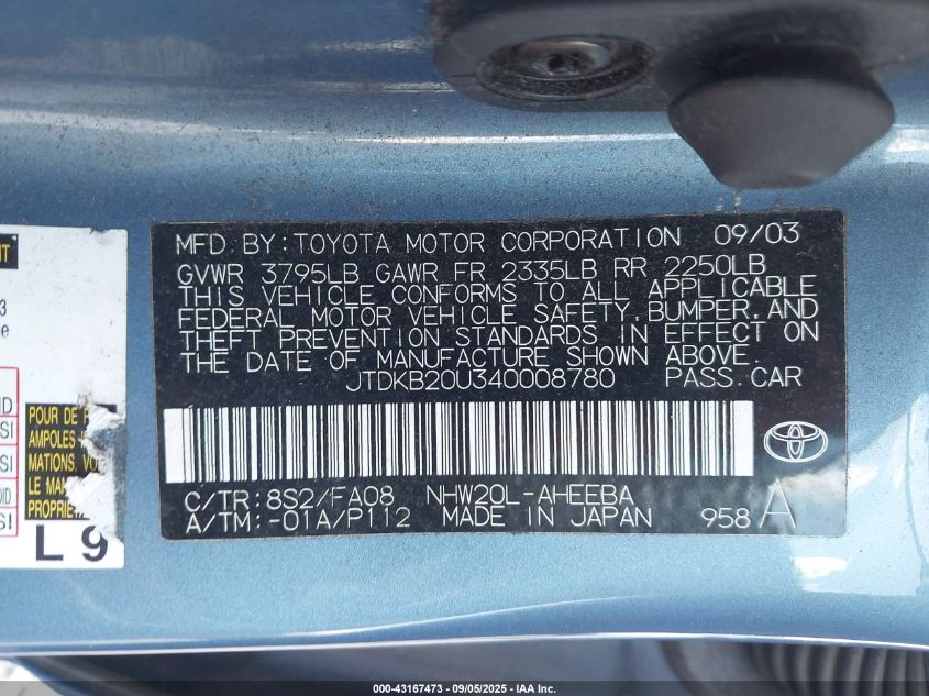 2004 Toyota Prius VIN: JTDKB20U340008780 Lot: 43167473