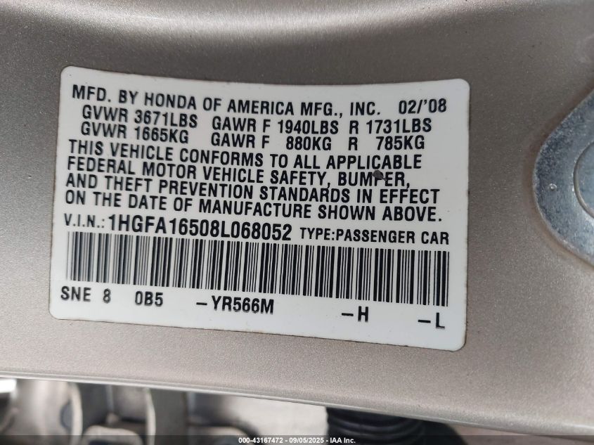 2008 Honda Civic Lx VIN: 1HGFA16508L068052 Lot: 43167472