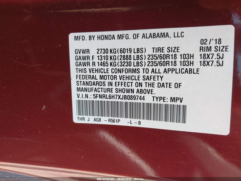 2018 Honda Odyssey Ex-L VIN: 5FNRL6H7XJB089744 Lot: 43167491