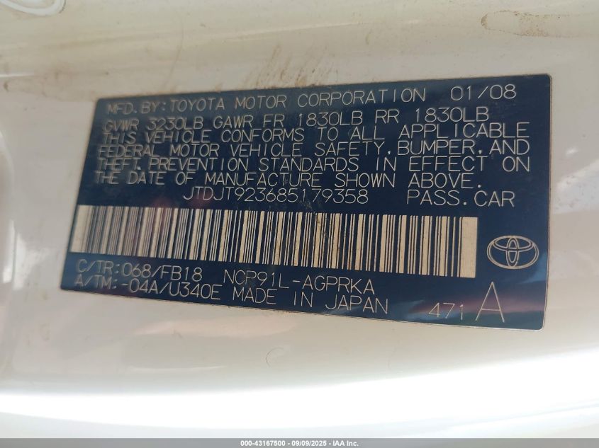 2008 Toyota Yaris VIN: JTDJT923685179358 Lot: 43167500