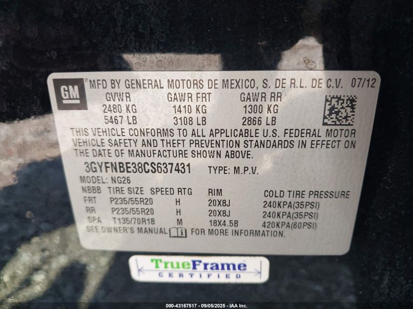 2012 Cadillac Srx Performance Collection VIN: 3GYFNBE38CS637431 Lot: 43167517