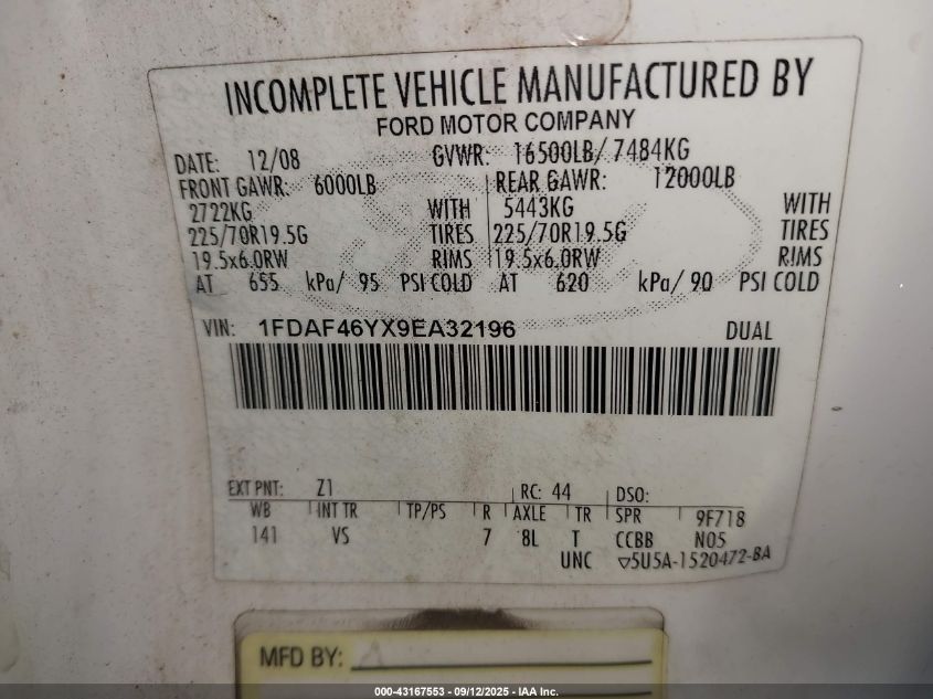 2009 Ford F-450 Chassis Xl/Xlt VIN: 1FDAF46YX9EA32196 Lot: 43167553