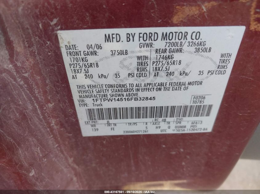 2006 Ford F-150 Fx4/Lariat/Xlt VIN: 1FTPW14516FB32845 Lot: 43167561