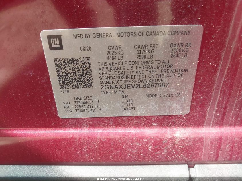 2020 Chevrolet Equinox Fwd 2Fl VIN: 2GNAXJEV2L6267587 Lot: 43167597