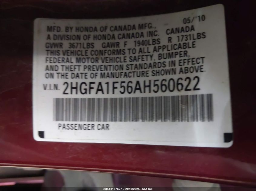 2010 Honda Civic Lx VIN: 2HGFA1F56AH560622 Lot: 43167627