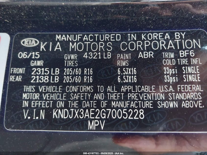 2016 Kia Soul Ev + VIN: KNDJX3AE2G7005228 Lot: 43167703