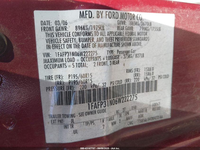 2006 Ford Focus Zx3 VIN: 1FAFP31N06W222275 Lot: 43167757