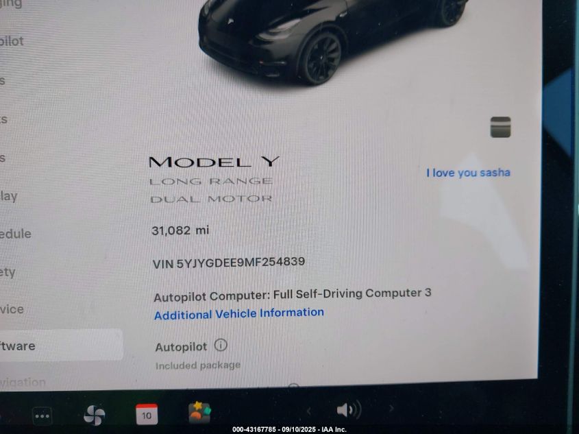 2021 Tesla Model Y Long Range Dual Motor All-Wheel Drive VIN: 5YJYGDEE9MF254839 Lot: 43167785