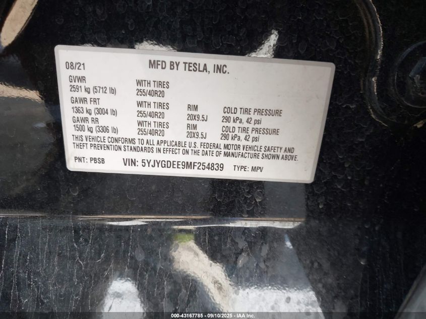 2021 Tesla Model Y Long Range Dual Motor All-Wheel Drive VIN: 5YJYGDEE9MF254839 Lot: 43167785