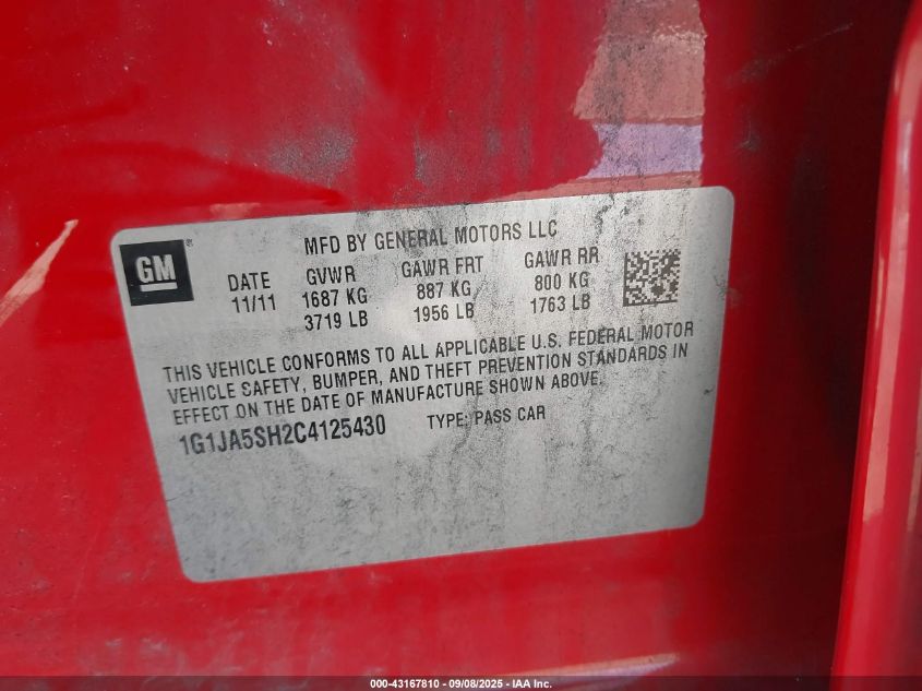 2012 Chevrolet Sonic 2Ls VIN: 1G1JA5SH2C4125430 Lot: 43167810