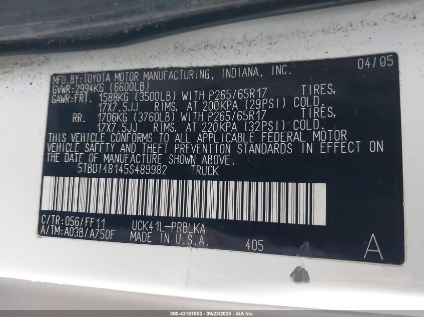 2005 Toyota Tundra Double Cab Limited VIN: 5TBDT48145S489982 Lot: 43167853