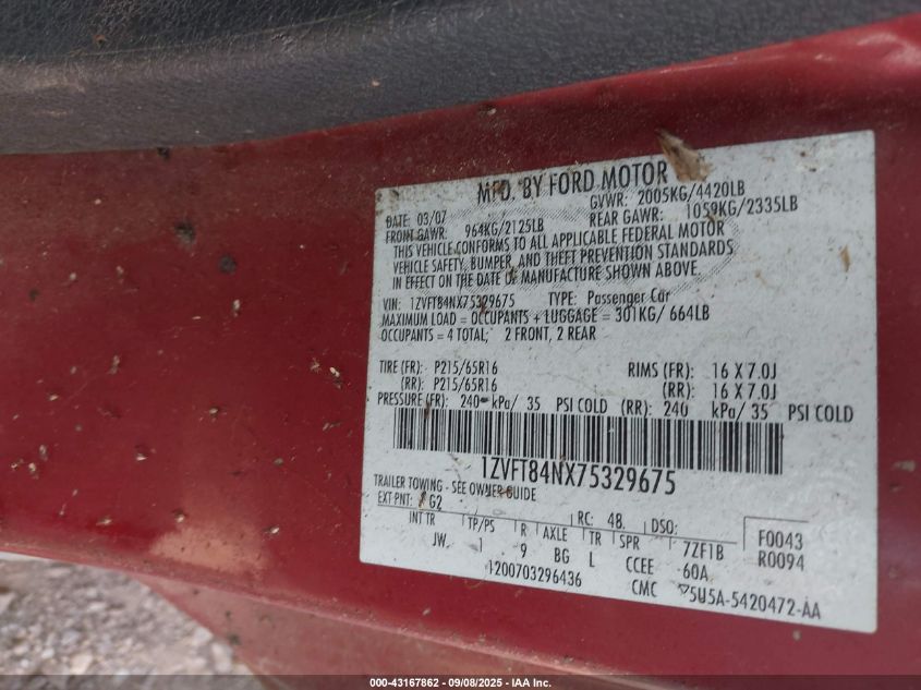 2007 Ford Mustang V6 Deluxe/V6 Premium VIN: 1ZVFT84NX75329675 Lot: 43167862