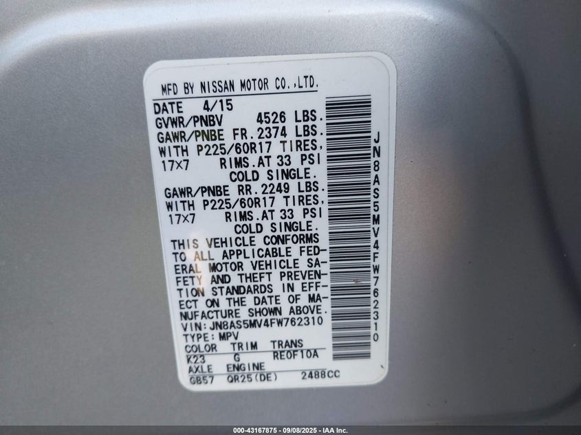 2015 NISSAN ROGUE SELECT S - JN8AS5MV4FW762310