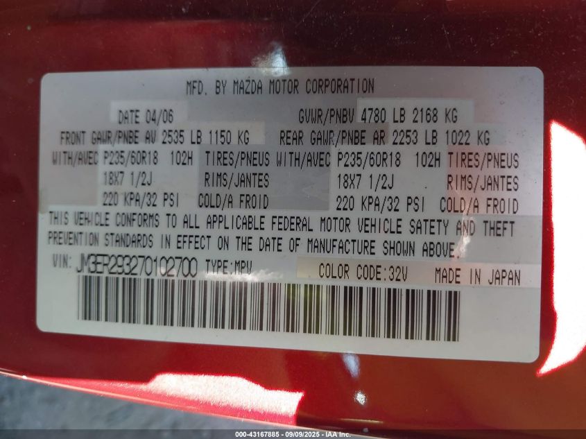 2007 Mazda Cx-7 Touring VIN: JM3ER293270102700 Lot: 43167885