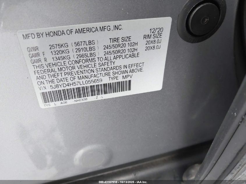 2020 Acura Mdx Technology Package VIN: 5J8YD4H57LL055659 Lot: 43167918