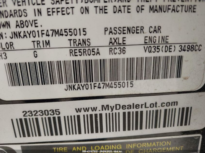 2007 Infiniti M35X VIN: JNKAY01F47M455015 Lot: 43167920