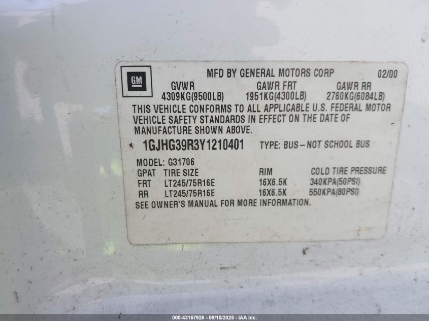 2000 GMC Savana Standard VIN: 1GJHG39R3Y1210401 Lot: 43167926