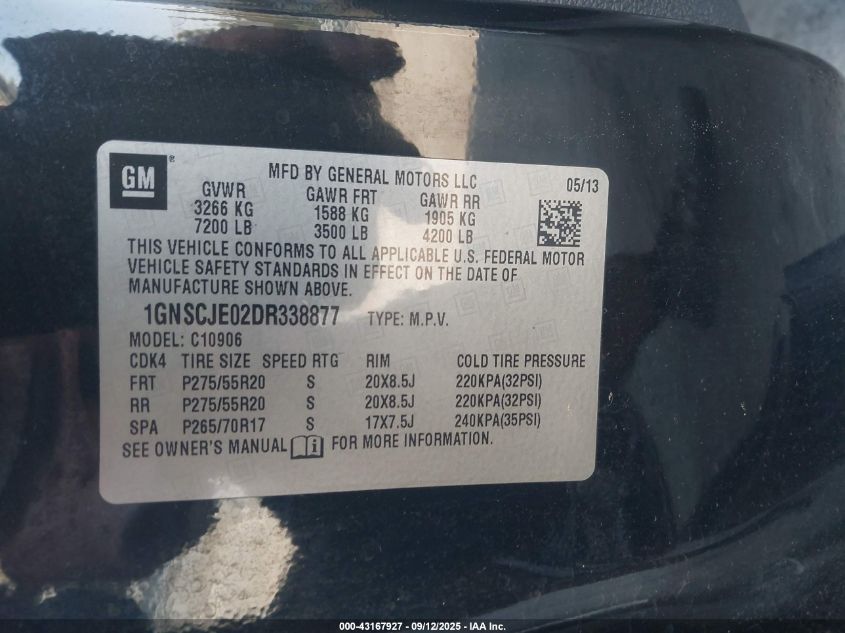 2013 Chevrolet Suburban 1500 Lt VIN: 1GNSCJE02DR338877 Lot: 43167927