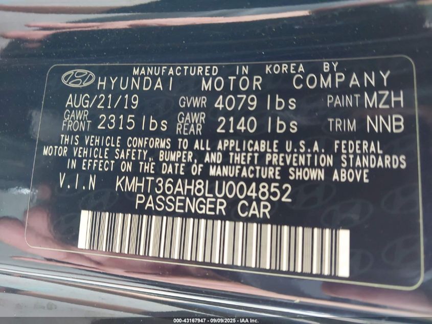 2020 Hyundai Veloster N VIN: KMHT36AH8LU004852 Lot: 43167947