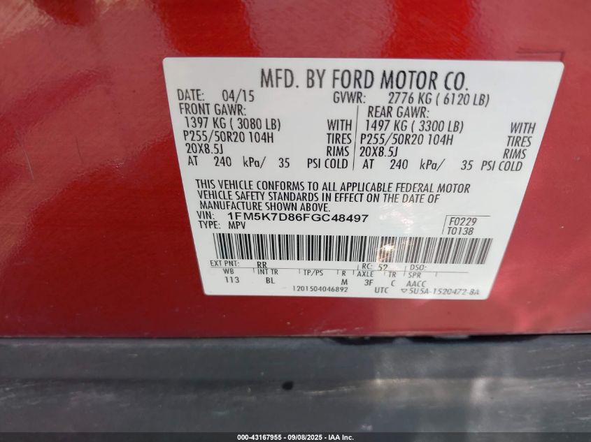 2015 Ford Explorer Xlt VIN: 1FM5K7D86FGC48497 Lot: 43167955