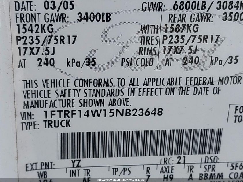 2005 Ford F-150 Stx/Xl/Xlt VIN: 1FTRF14W15NB23648 Lot: 43167976