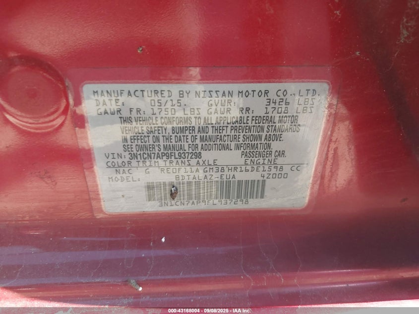 2015 NISSAN VERSA 1.6 S+ - 3N1CN7AP9FL937298