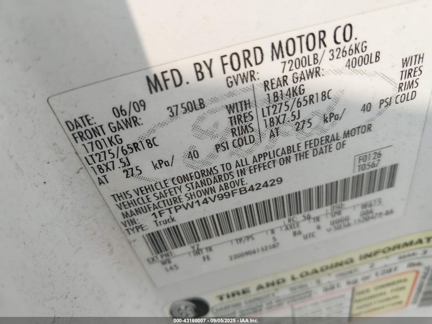 2009 Ford F-150 Fx4/King Ranch/Lariat/Platinum/Xl/Xlt VIN: 1FTPW14V99FB42429 Lot: 43168007