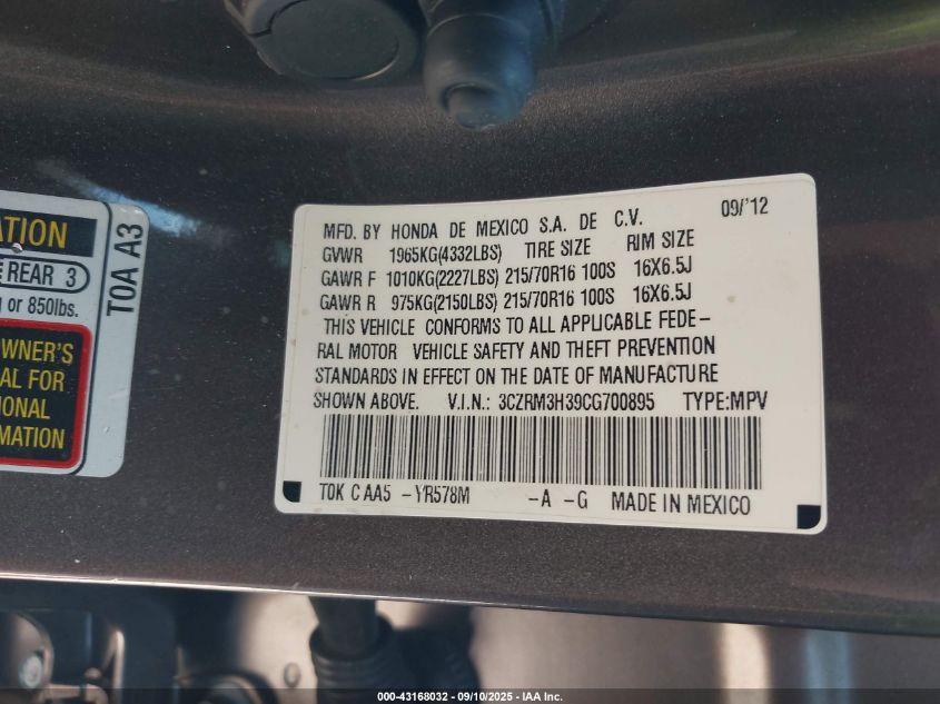 2012 Honda Cr-V Lx VIN: 3CZRM3H39CG700895 Lot: 43168032