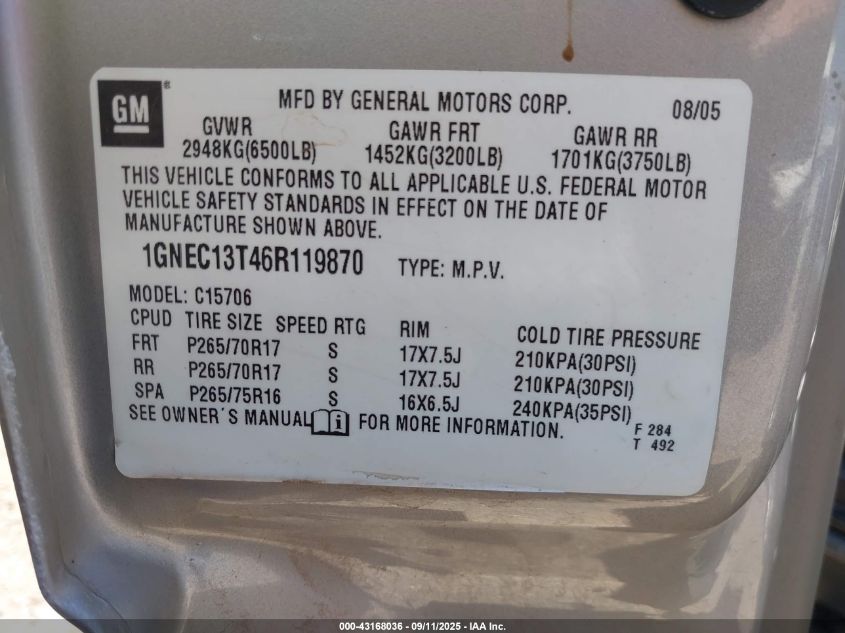 2006 Chevrolet Tahoe Z71 VIN: 1GNEC13T46R119870 Lot: 43168036