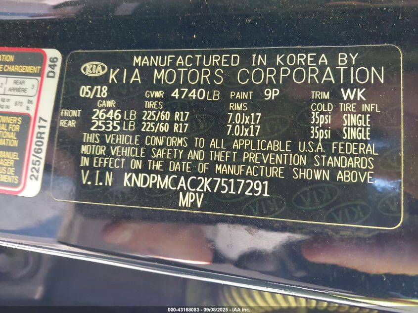 2019 Kia Sportage Lx VIN: KNDPMCAC2K7517291 Lot: 43168083