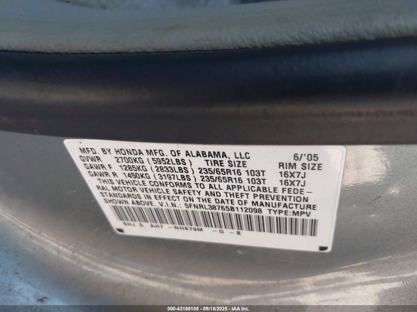 2005 Honda Odyssey Ex-L VIN: 5FNRL38765B112098 Lot: 43168105