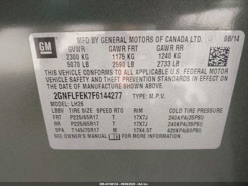 2015 Chevrolet Equinox 1Lt VIN: 2GNFLFEK7F6144277 Lot: 43168134