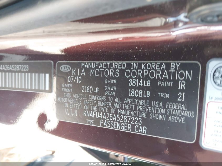 2010 Kia Forte Ex VIN: KNAFU4A26A6281223 Lot: 43168135